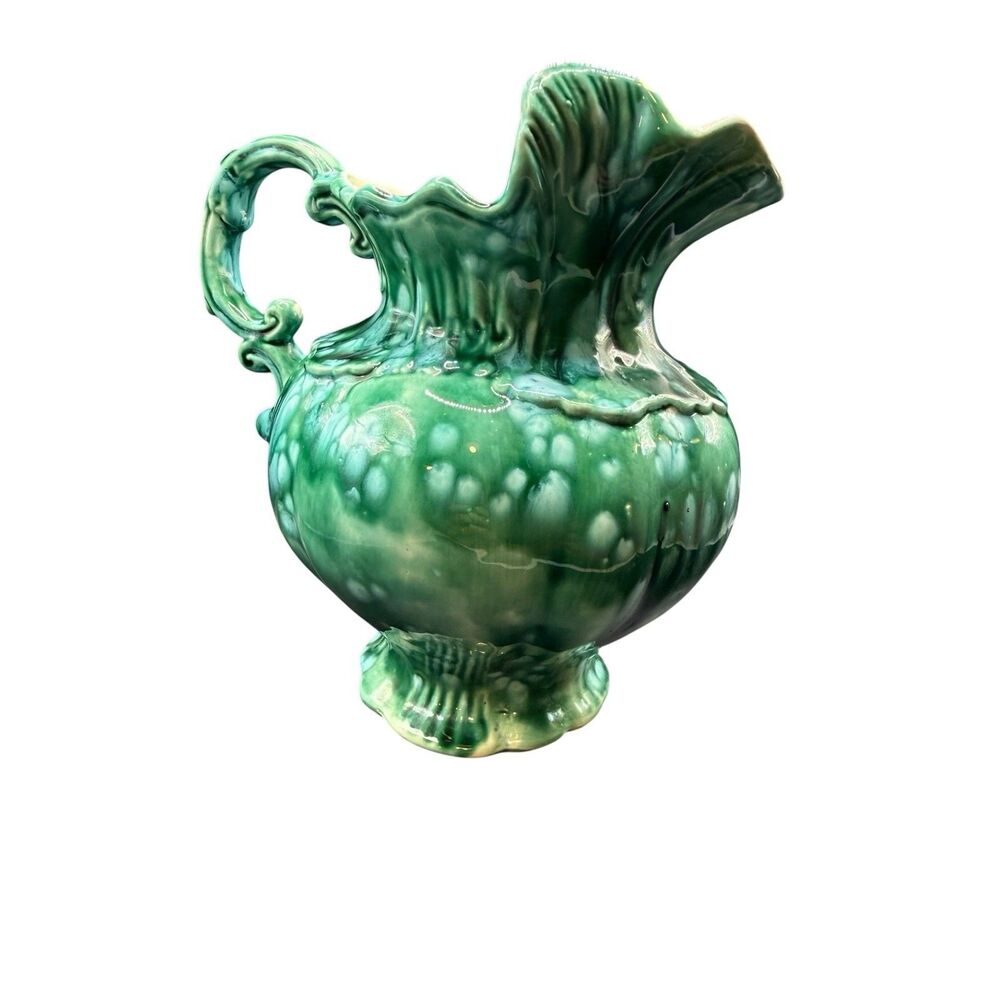 VTG Signed Arnel’s Ceramic Pitcher/Vase Teal Green Marbled Print Farmhouse Decor